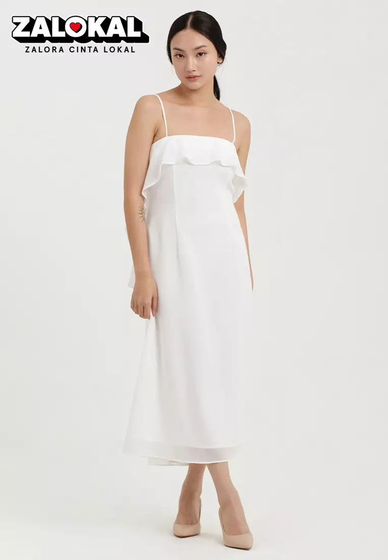 Waterfall Chiffon Midi Dress in White