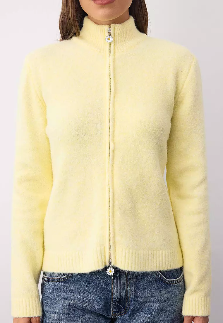 Wardrobe Essentials Yellow Wool Zippered Stand Collar Daisy Knit Cardigan | Twoaw26Hi00090