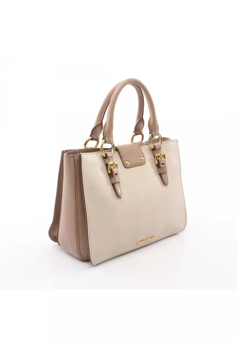 Pre-Loved MIU MIU MADRAS Madras Handbag tote bag leather beige light brown 2WAY