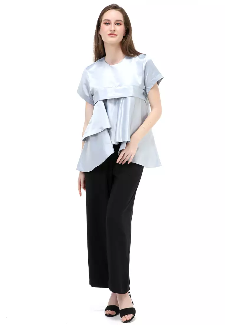 Kailah Blouse Short Sleeves Wanita Motif Polos Atasan Casual - Grey