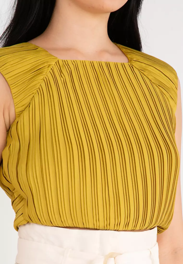 Square Neck Back Cutout Pleated Top