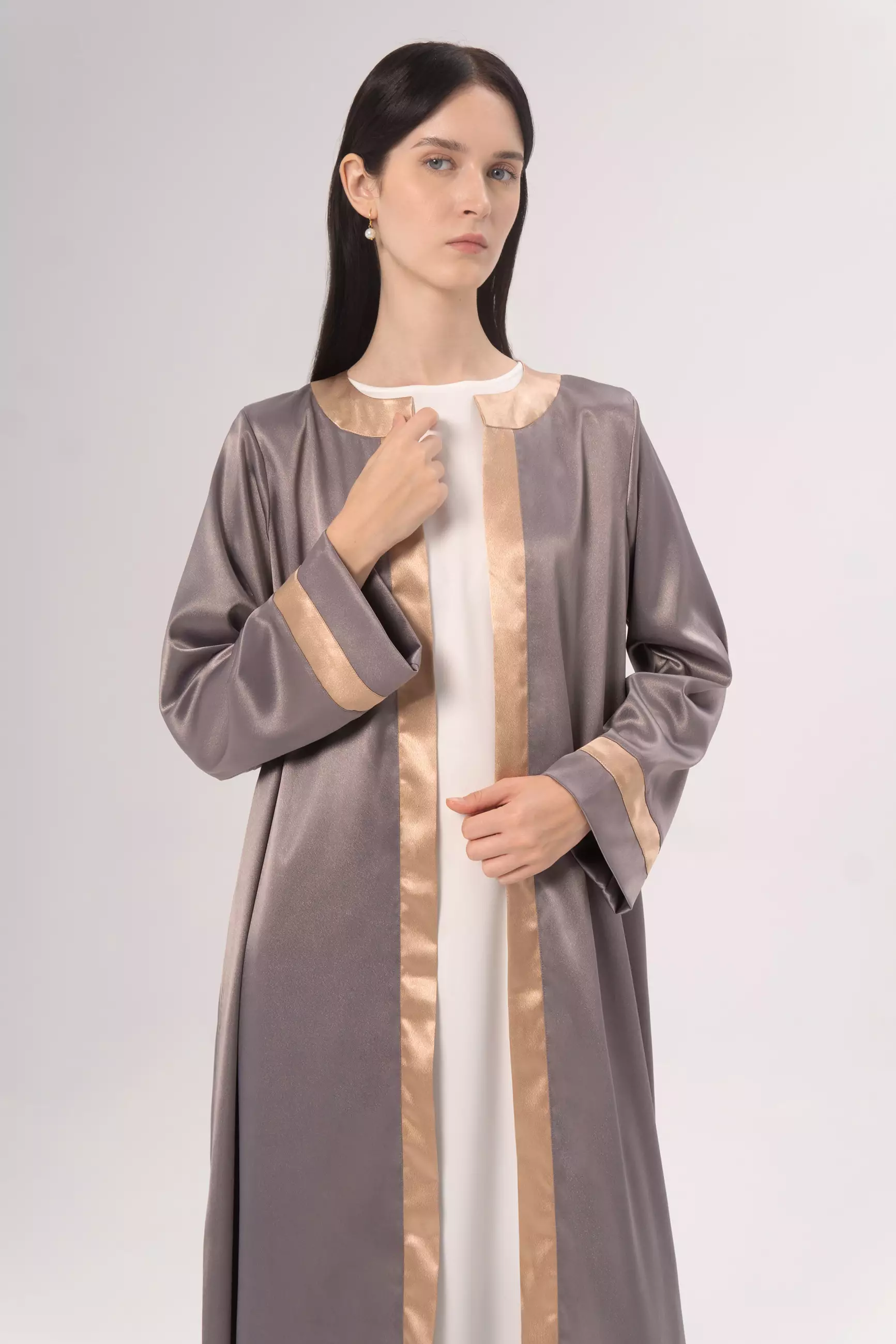 DEMURE&CO - DESSENTIALS RABIA OPEN ABAYA IN DARK ASH - DAILY WEAR ABAYA