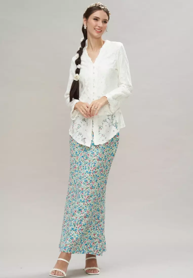 Premium White Applique Lace Kebaya Top & Teal Floral Maxi Skirt Hari Raya