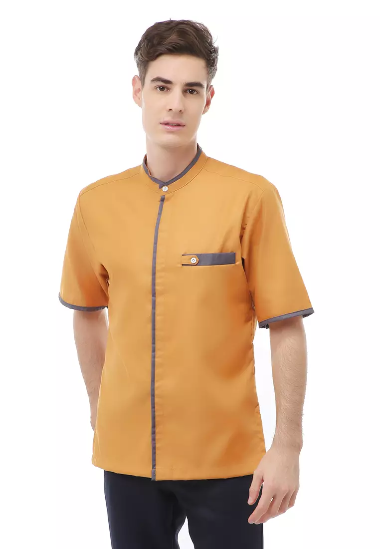Dwan Atasan Formal Pria Kemeja Koko Polos Lengan Pendek Material Cotton ORIGINAL - Yellow