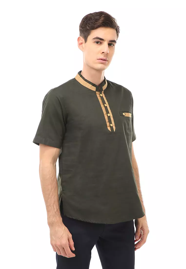 Dwan Atasan Formal Pria Kemeja Koko Motif List Kancing Short Sleeve Material Cotton ORIGINAL - Army Green