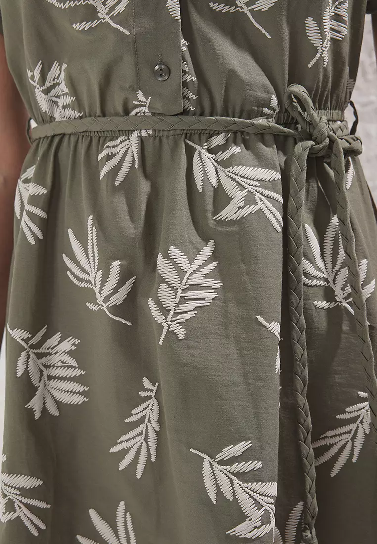 Khaki Belted Floral Mini Woven Dress TWOSS25EL00431