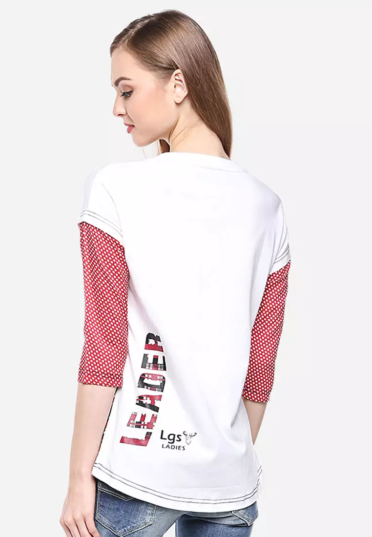 LGS - Regular Fit - Kaos Wanita - Putih - Lengan Polkadot