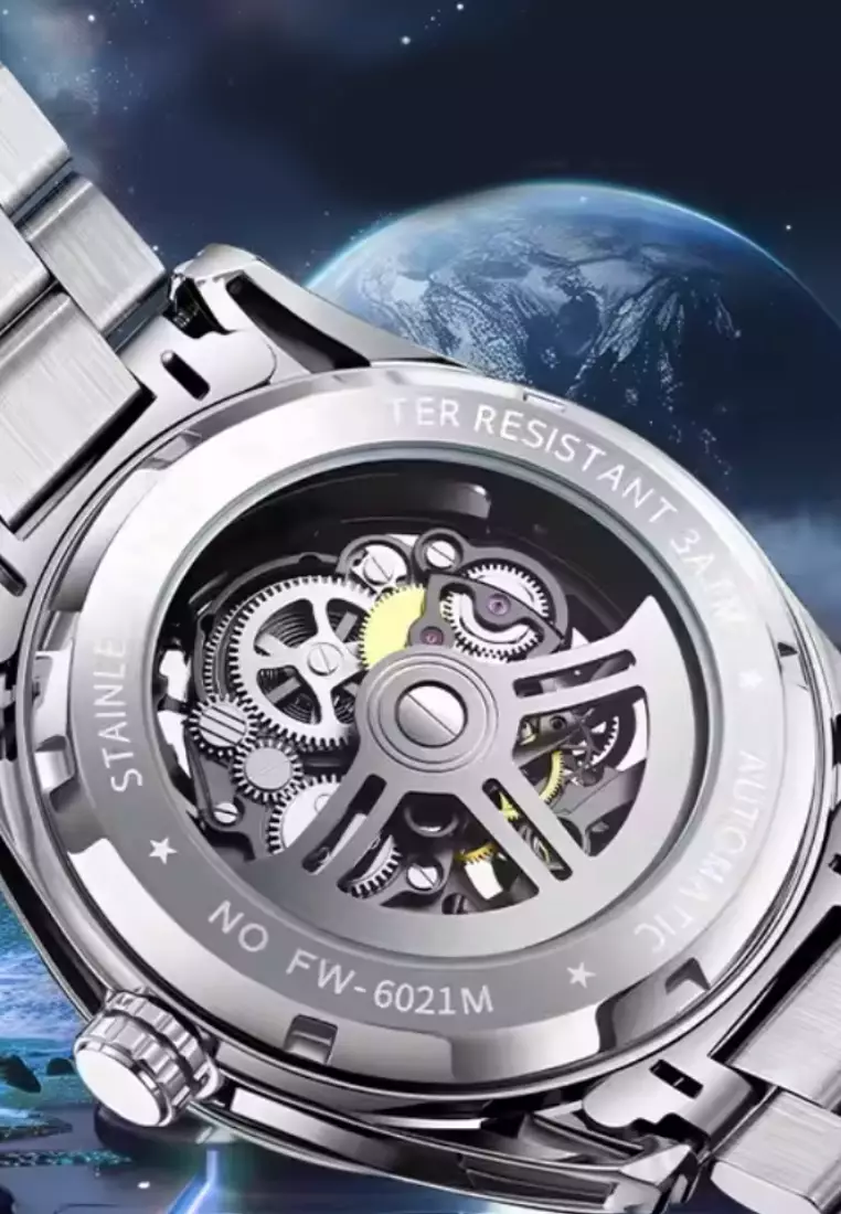 男女通用自動手錶，44 毫米輕質金屬合金錶殼，不鏽鋼錶帶