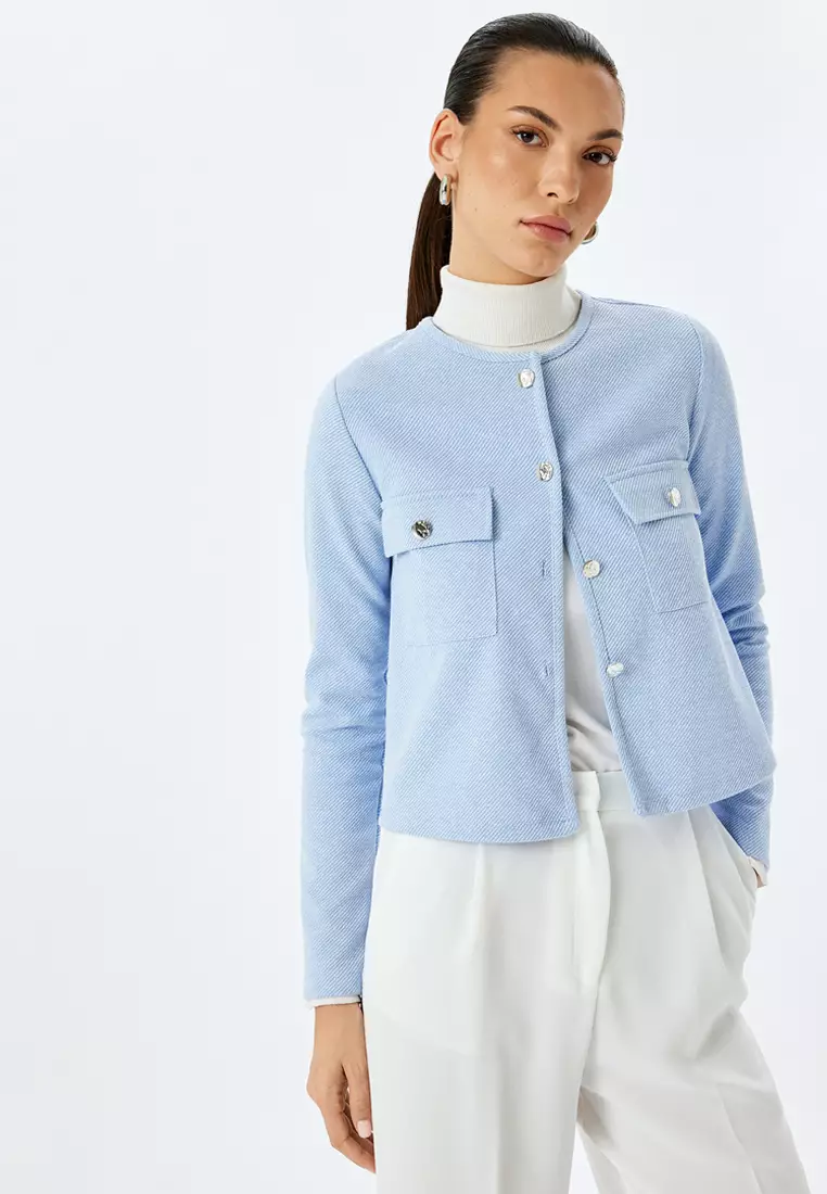Long Sleeve Round Neck Crop Jacket With Applique Detail