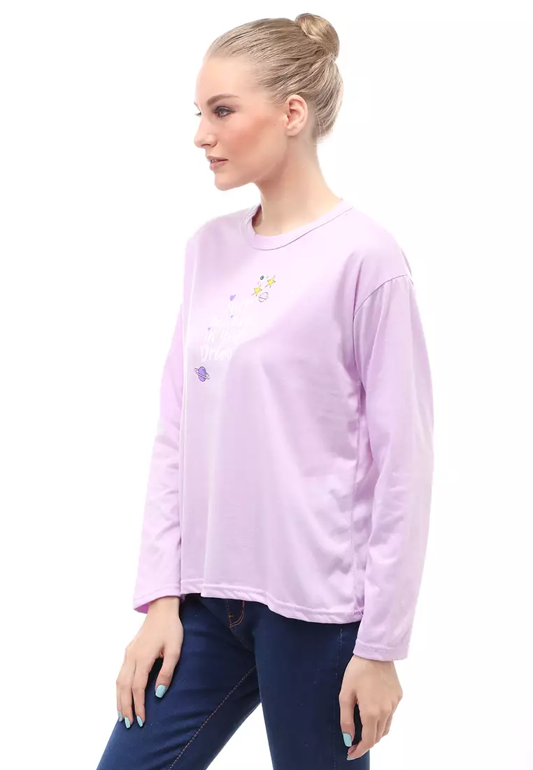 Heller Kaos Atasan Wanita Oversize Motif Print Short Sleeves Relaxed Fit - Lepan Lilac