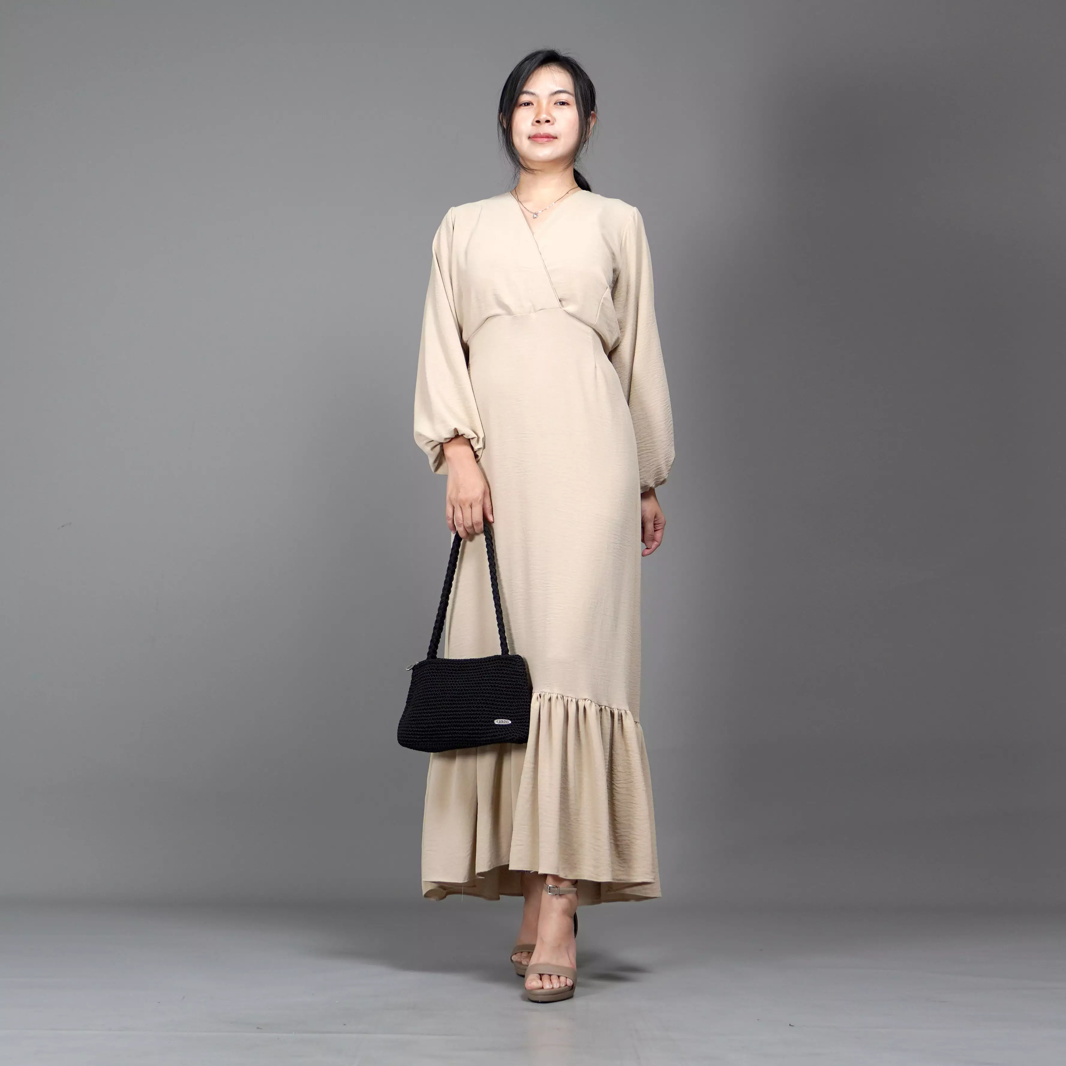  DRESS JULIA Long Dress Gaun Pesta Midi Dress Gaya Korea - Krem