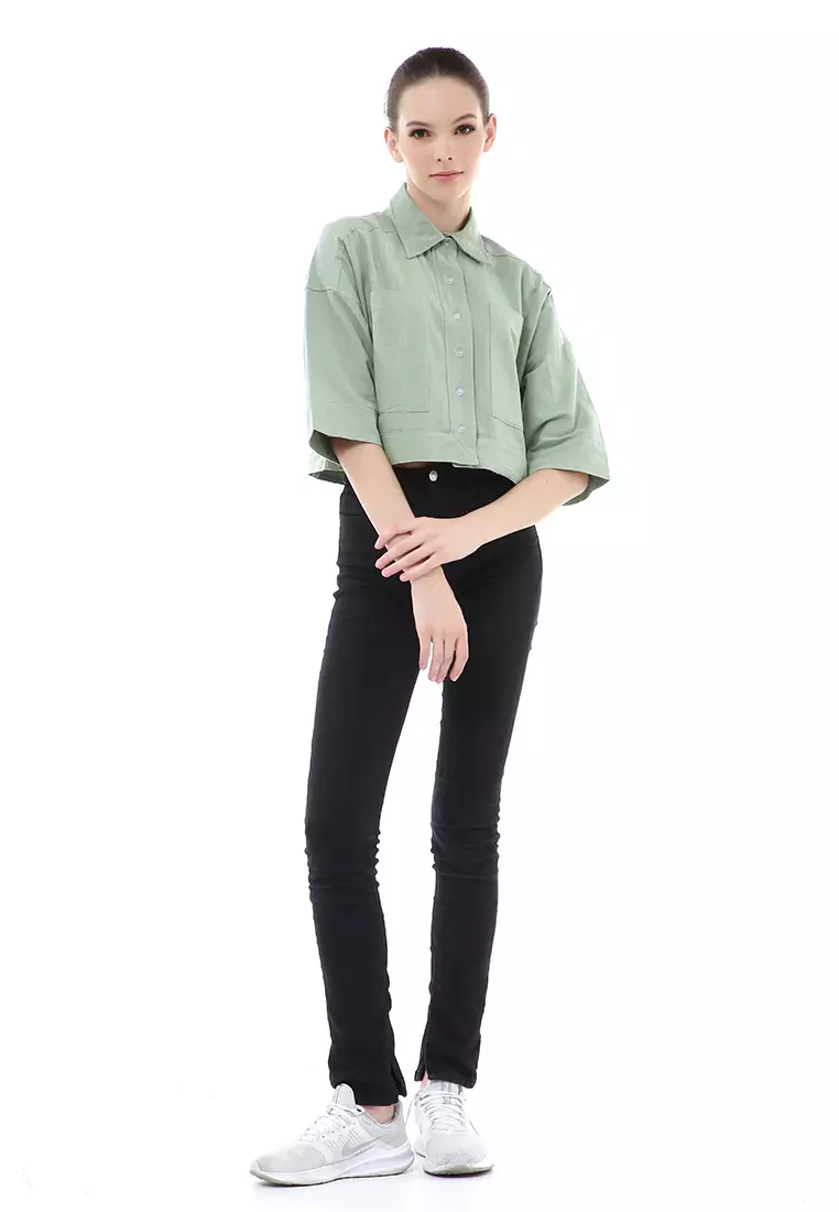 Brielle Atasan Wanita Kemeja Crop Oversize Shirt Lengan Panjang Material Linen ORIGINAL - Green