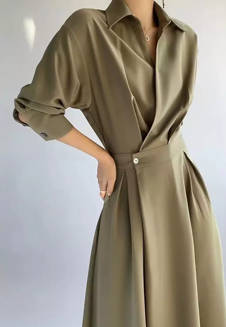 高腰翻領長袖連衣裙XHG-1138-1