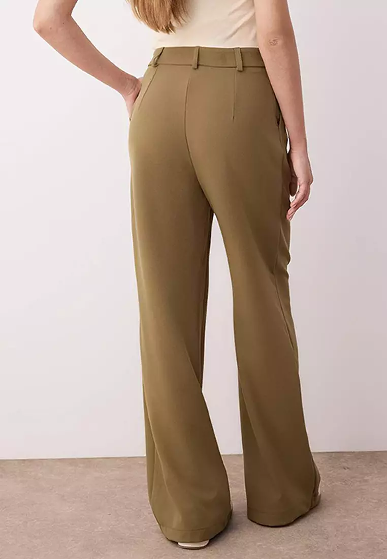 Khaki Pleated Wide Leg Trousers TWOAW25PL00109