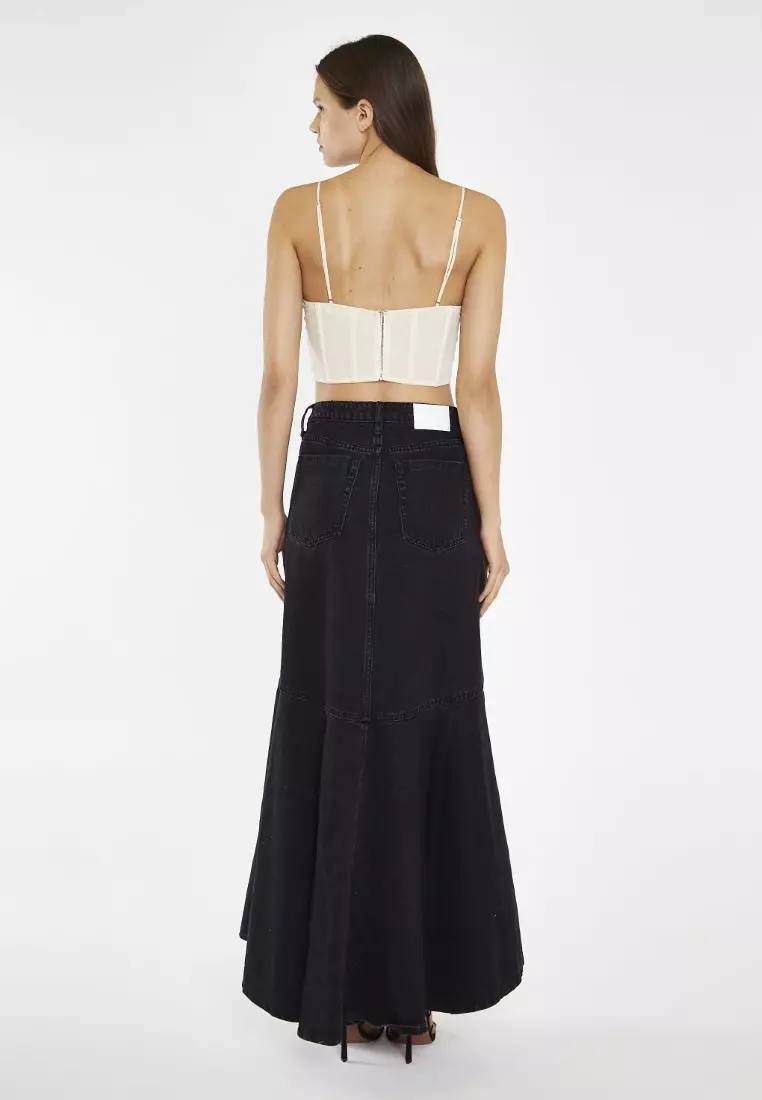 Washed Black Denim Fishtail Maxi-Skirt