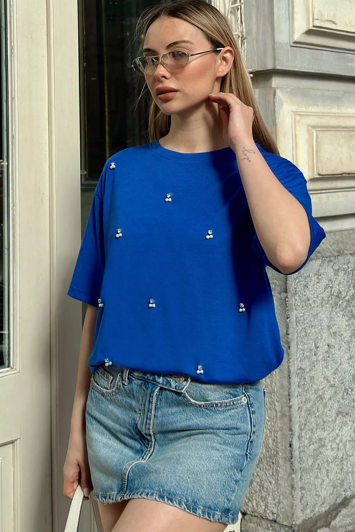 Oversize Pearl & Stone Embroidered T-Shirt