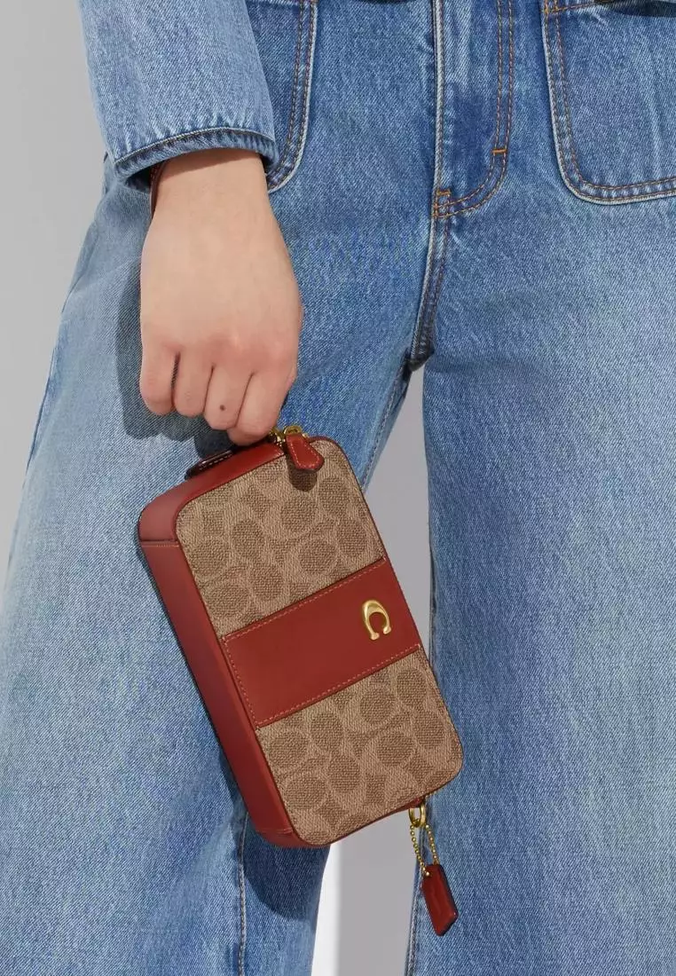 Coach Kira Crossbody In Colorblock Signature Canvas Tan Rust