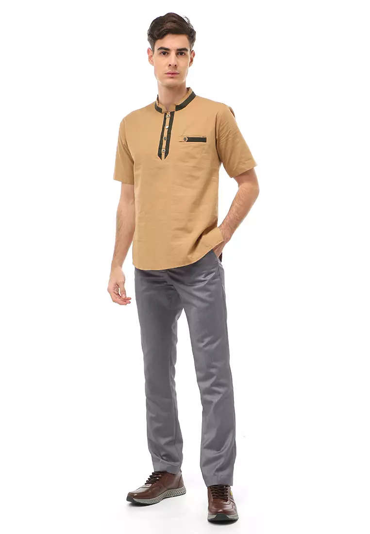 Dwan Atasan Formal Pria Kemeja Koko Motif List Kancing Short Sleeve Material Cotton ORIGINAL - Cream