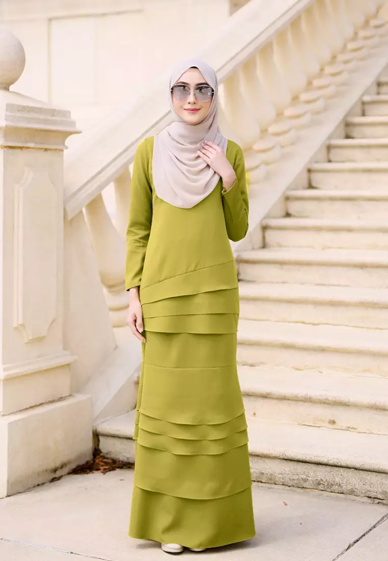 Isabella Multi Layer Kurung Modern in Leaf Gold Green