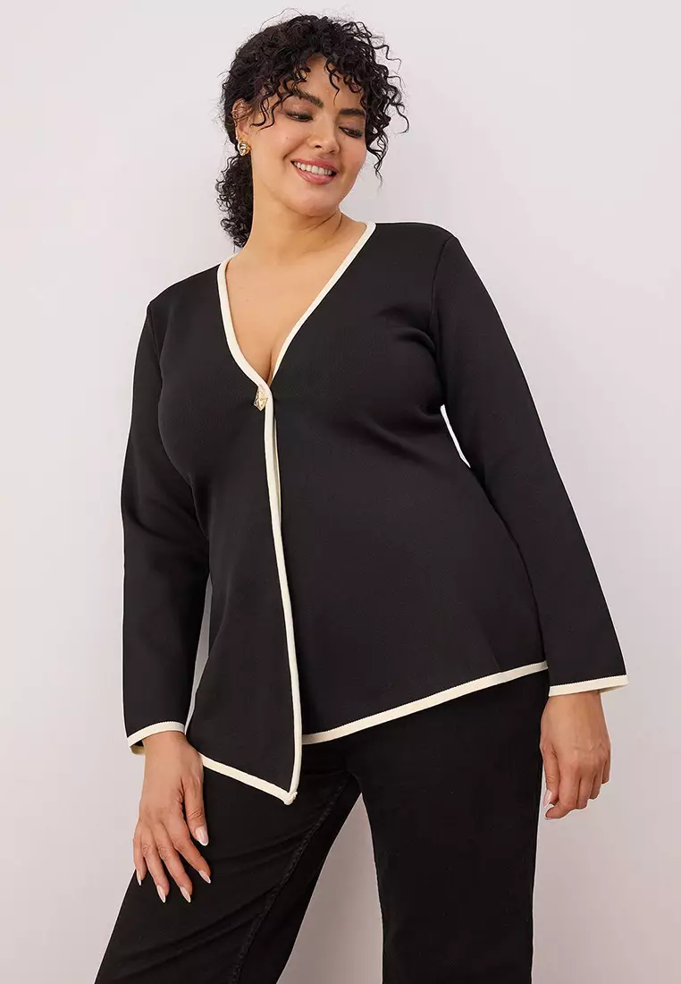 Black Piping Detailed Asymmetrical Cut Knitwear Jacket-Look Cardigan Tbbaw26Av00000