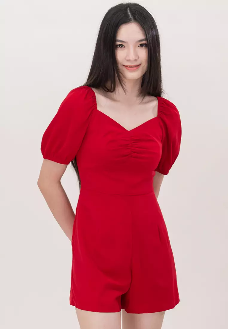 Plain B. Plain B. Puff Sleeve V-Neckline Slim Fit Playsuit Red 2024 ...