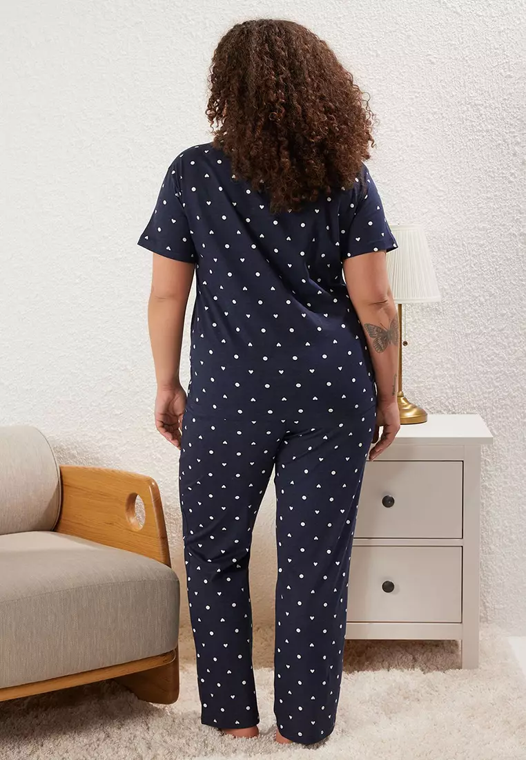 Navy Blue Heart Patterned Knitted Pajama Set TBBSS25AI00023