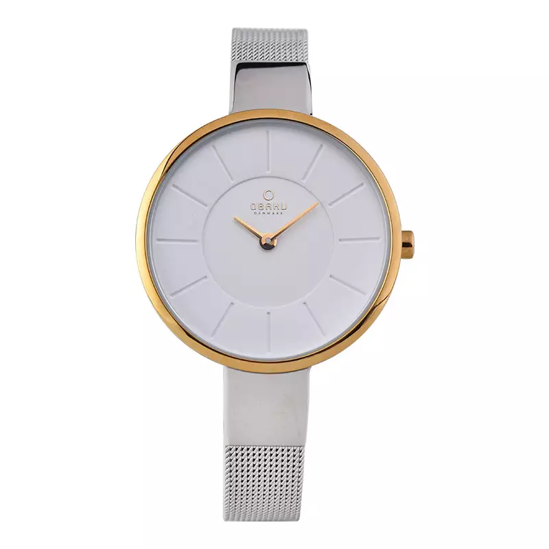 Jam Tangan Wanita Obaku V149LXAIMC Sol Gold Bi Silver White Dial Stainless Steel Mesh Strap