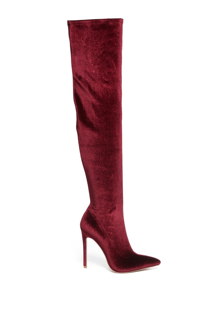 Stretch High Heel Velvet Boot in Burgundy