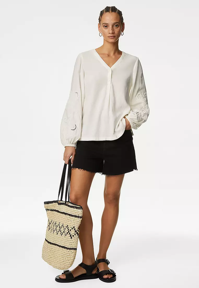 Linen Blend Embroidered V-Neck Blouse