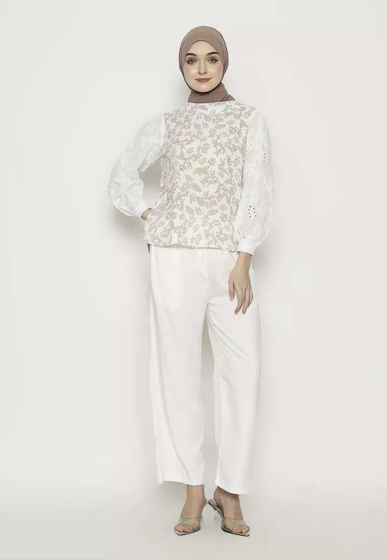 Urban Exchange Verano White Blouse - Atasan Blouse Printed Lengan Panjang Warna White