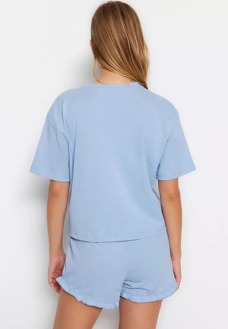 Graphic Plain with Frill Detail Pajamas Set