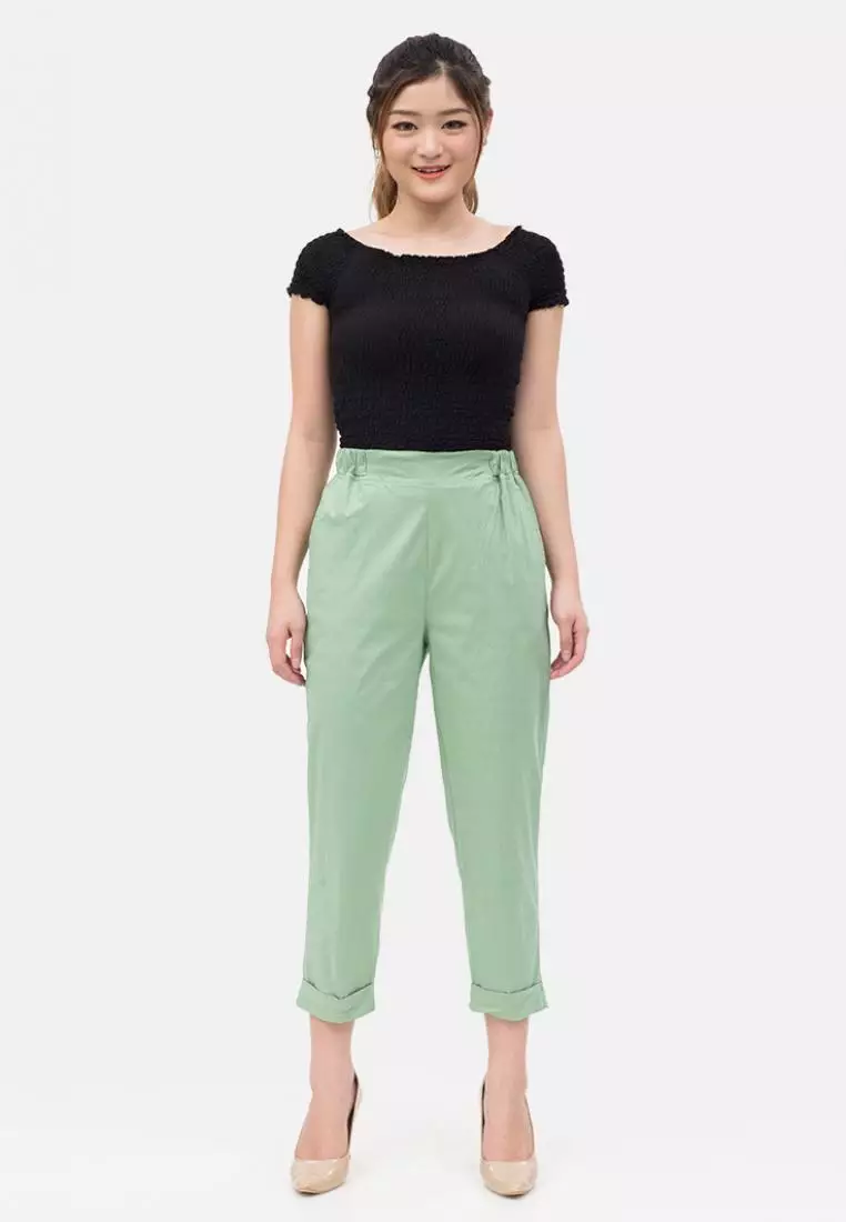 Stretch Linen Ankle Pants in Green