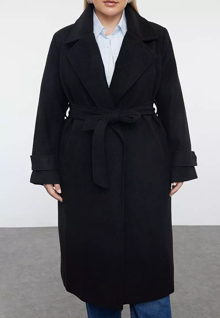 Black Regular Fit Wide Collar Detailed Long Wool Blend Cashew Coat Tbbaw25Dd00011