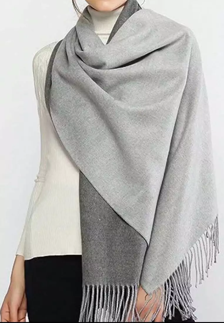 Double Side Plain Cashmere Virgin wool Pashmina Syal Wanita Dua Sisi Mineral Grey