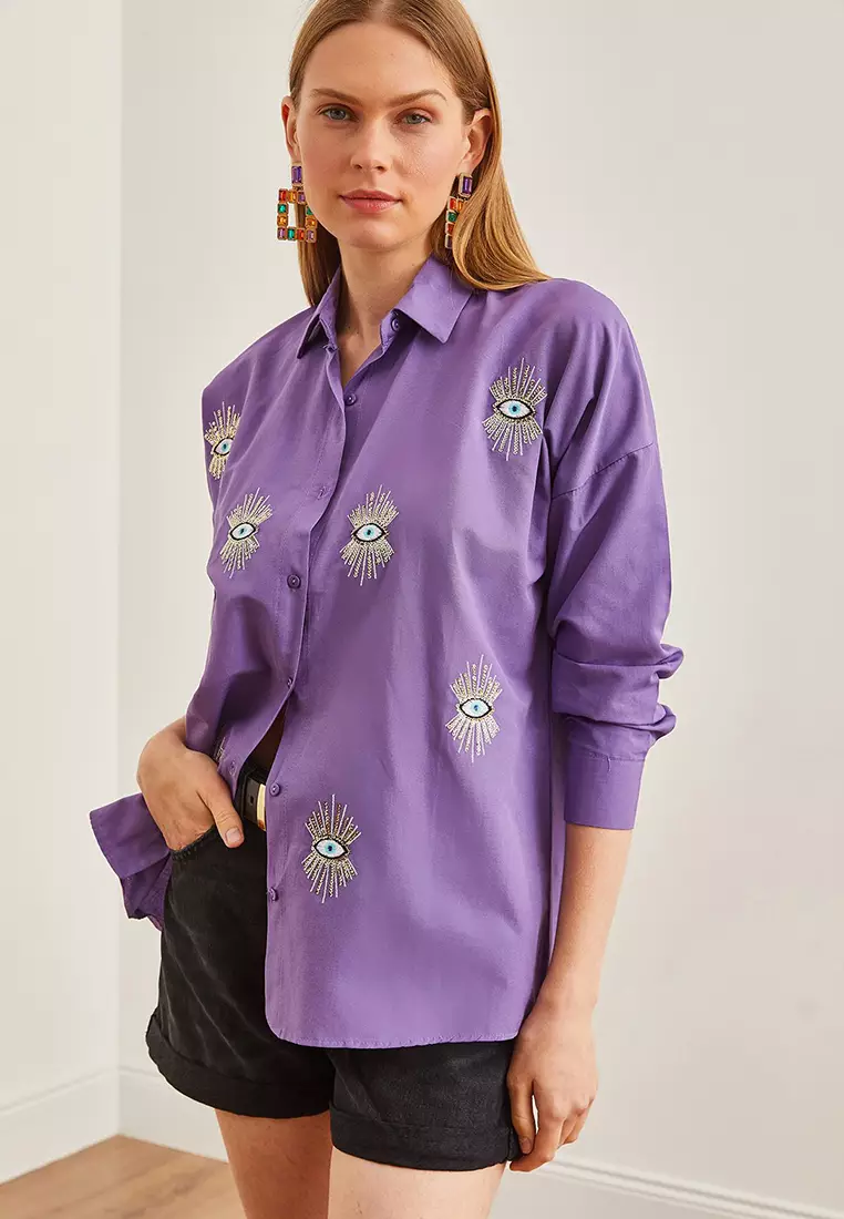 Eye Sequin Detailed Woven Boyfriend Shirt