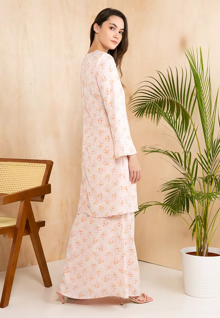 French Floral Pastel Pink Baju Kurung Moden