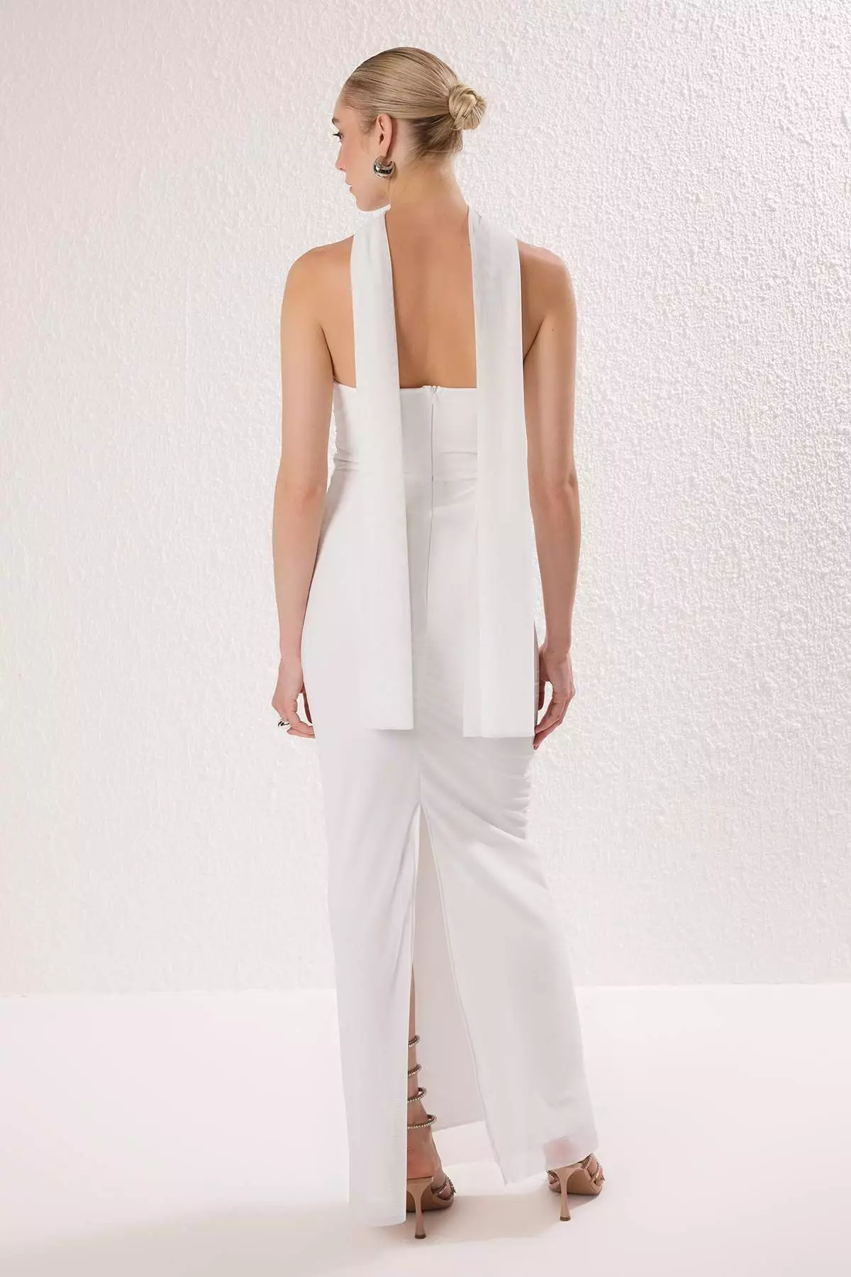 White Scarf Tulle Knitted Maxi Evening Dress Night Graduation Dress