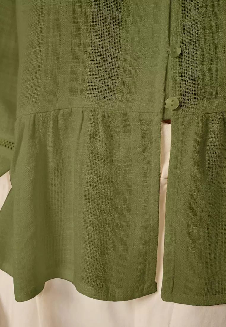 Khaki Cotton Textured Lacy On The Sleeve Regular Normal Fit Shirt