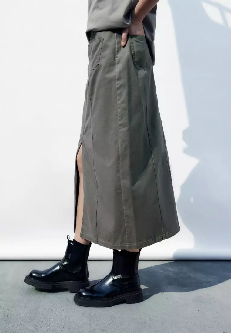 Workmanship Army Green Slit Thin Straight Straight Skirt