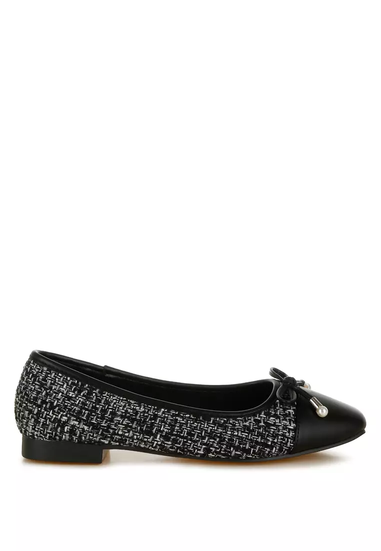 Discount on London Rag  shoes - SKU: Boucle Pearl Bow Ballerinas in Black