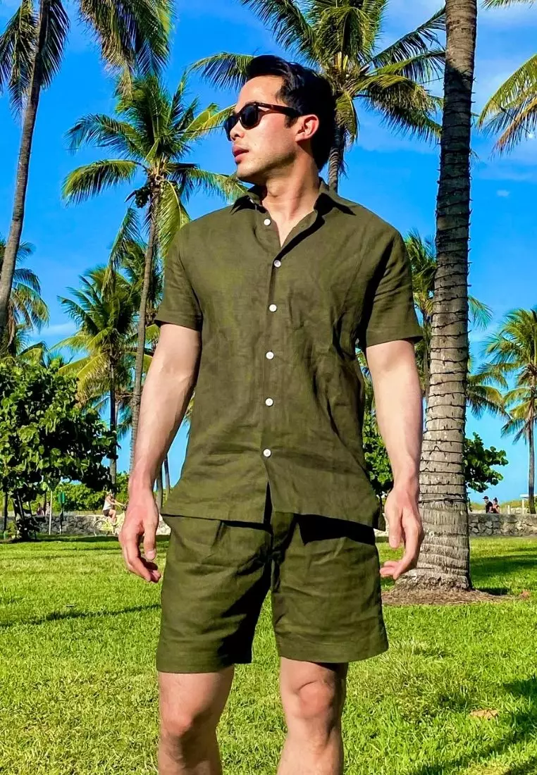 Palm Tree Set Kemeja Celana Linen Pria Hijau Army  | Linen Set Men Army Green