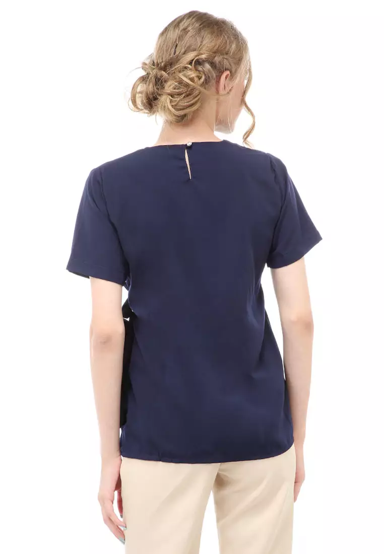 Cheva Blouse Atasan Wanita Kasual Pinggang Karet Pita Ikat Simple Material Wolfis ORIGINAL - Navy