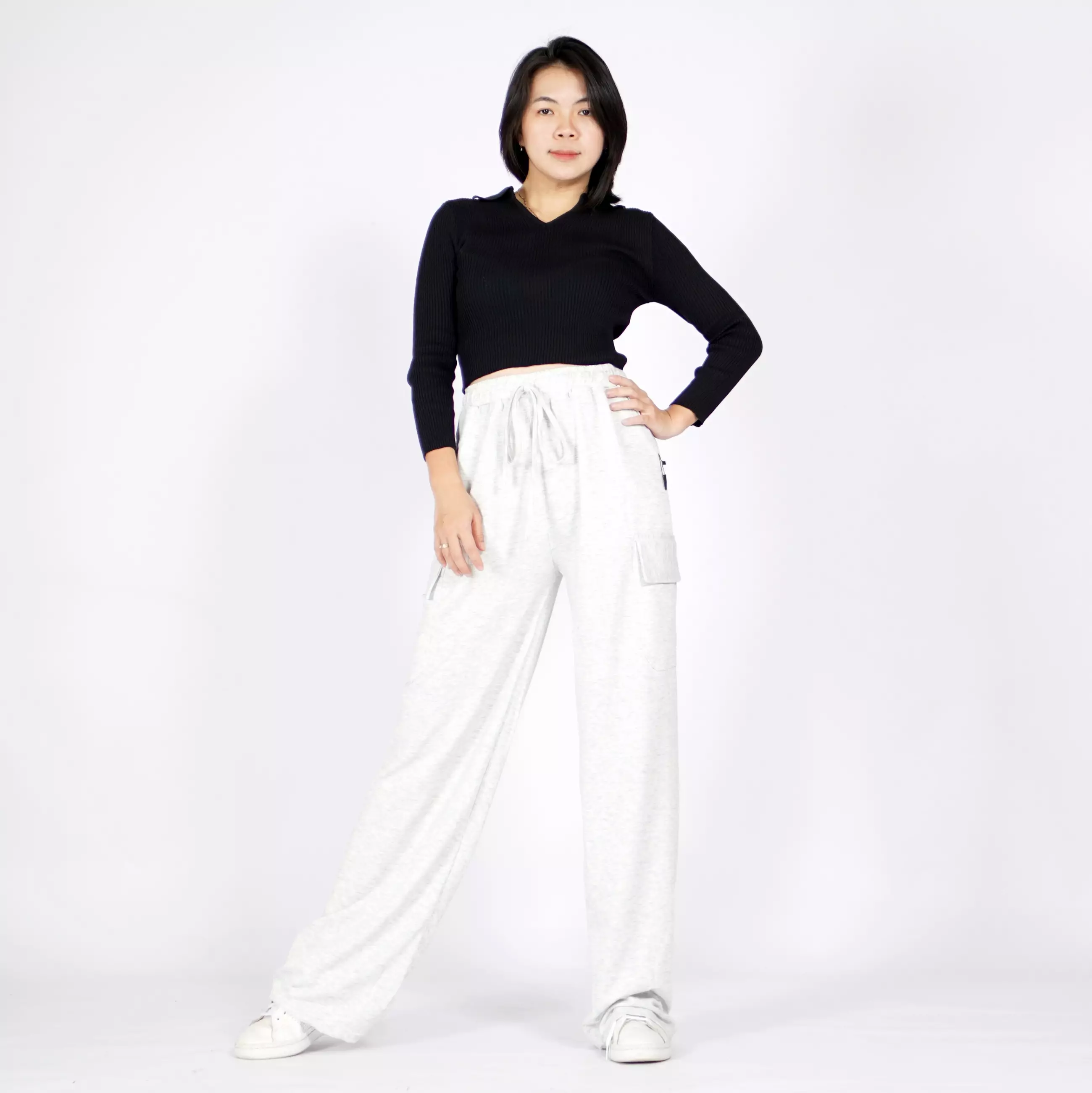  ANGEL Knit Crop Top Rajut CropTop Lengan Panjang Korean Style - Hitam