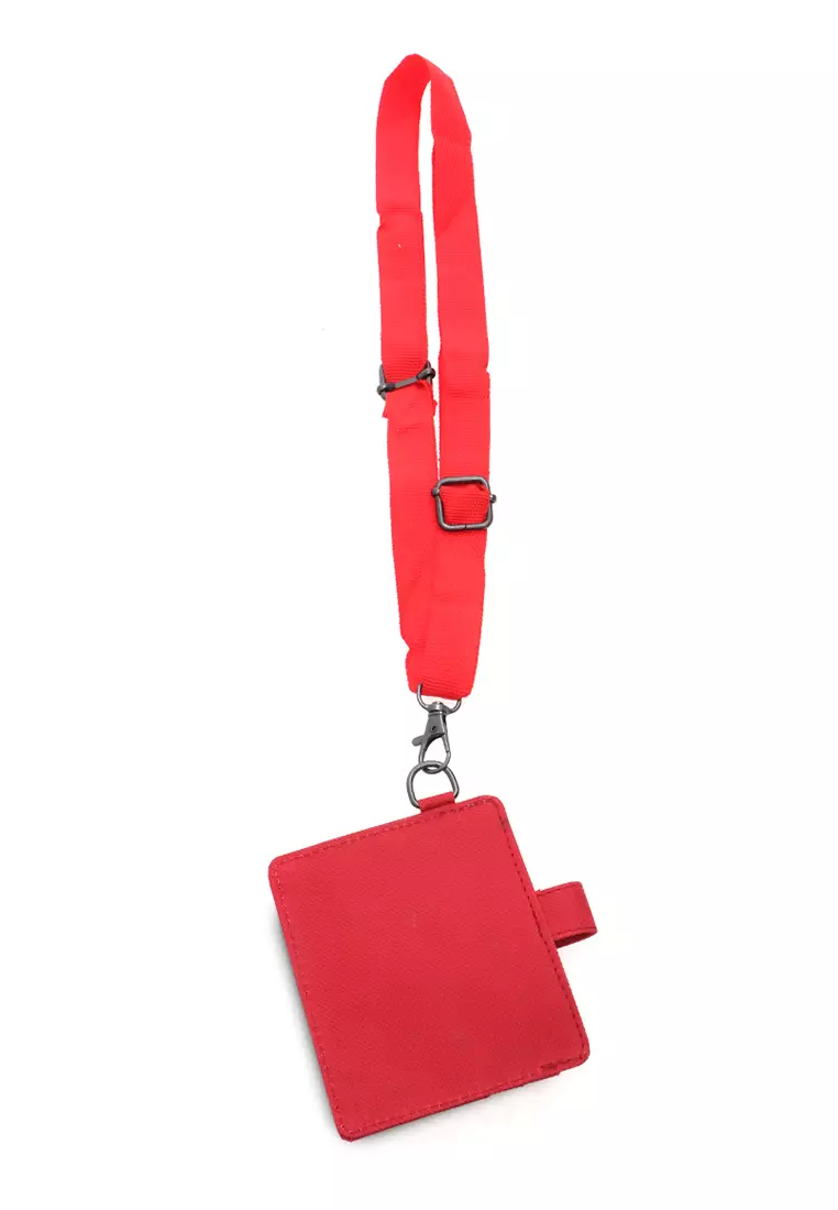 Hanging Neck Dompet Kartu 4 Slot Free Tali Gantung Motif Polos Holder Wallet Unisex - Merah