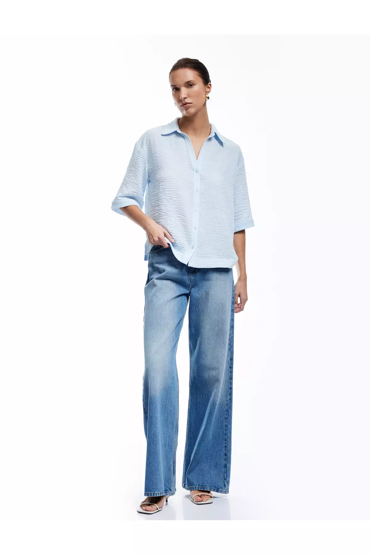 Classic Collar Elbow Length Short Sleeve Oversize Shirt