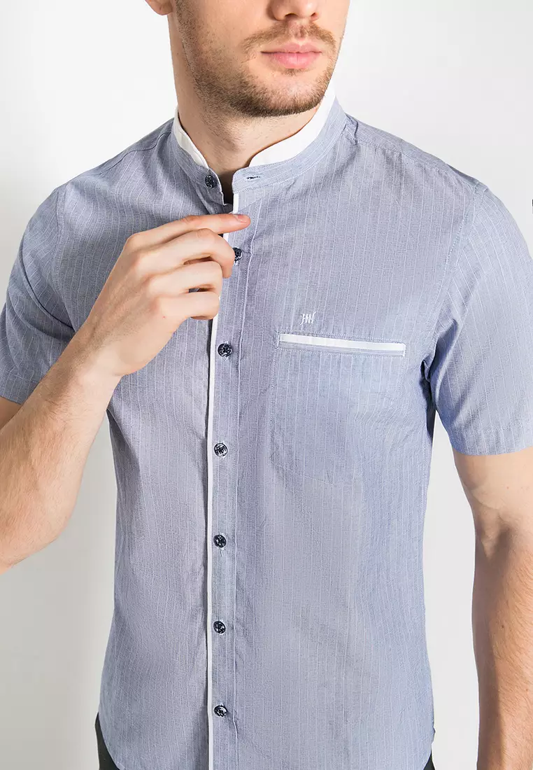 Johnwin Kemeja Casual Pria Kerah Shanghai Warna Biru ASH.670.K880.803