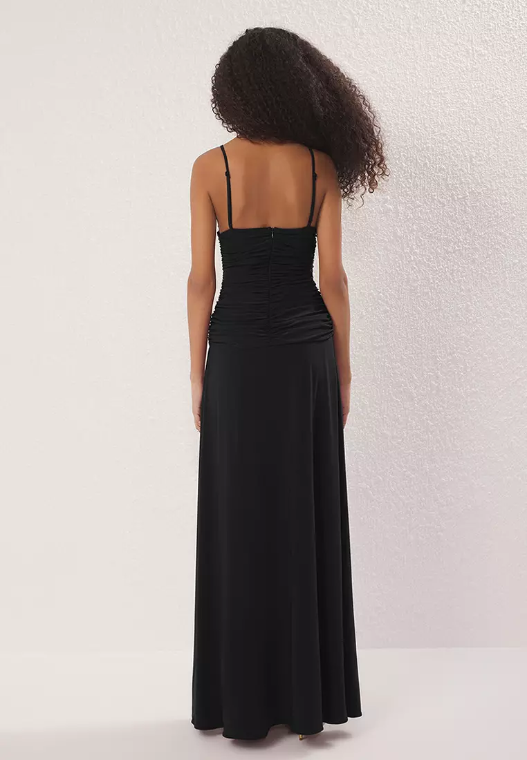 Black Rose Detailed Knitted Maxi Elegant Evening Night Graduation Dress