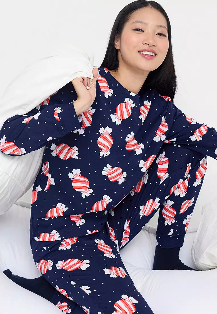 Teen Navy Blue 100% Cotton Fun Candy Printed Knitted Pajama Set Thmaw26Pt00018