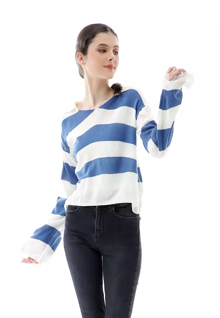 Vilia Rajut Crop Atasan Wanita Oversize Motif Stripe Garis Relaxed Fit - Denim