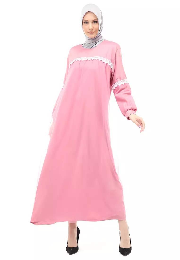 Adelia Gamis Muslimah Wanita Long Dress Motif Polos Premium Quality - Dusty
